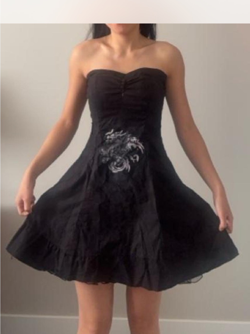 Strapless Black Hand Painted Dragon-Embroidered A-Line Dress